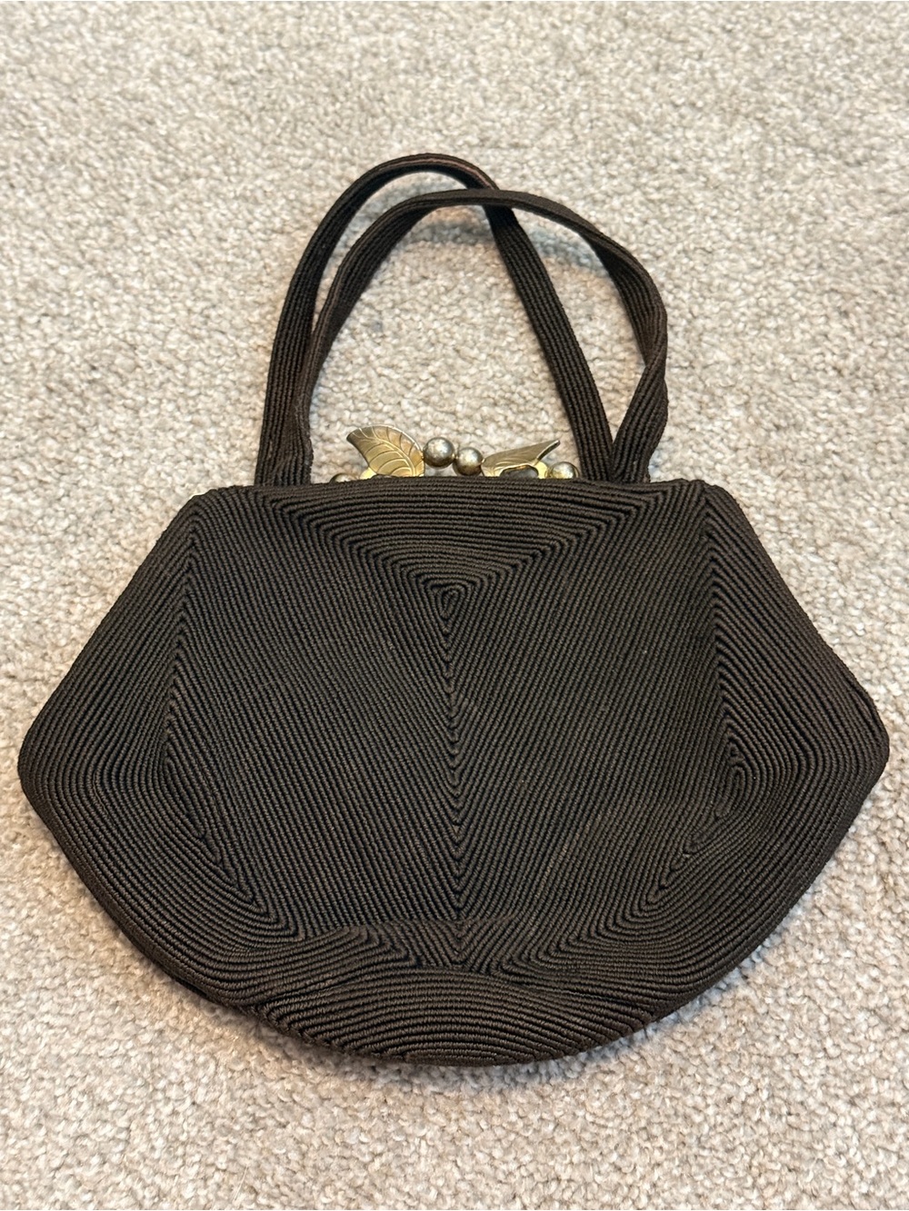 Vintage 1940s Garay Genuine Corde Handbag Brown Purse Ornate Brass Leaf Clasp